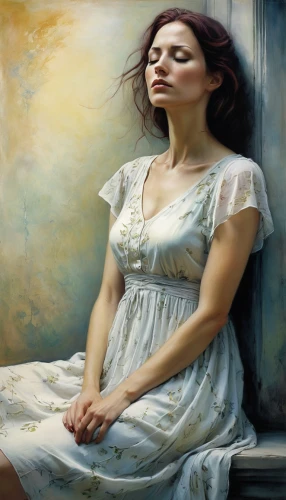 heatherley,girl in cloth,woman sitting,oil painting,girl with cloth,woman thinking,nightdress,praying woman,young woman,oil painting on canvas,mystical portrait of a girl,jeanneney,depressed woman,girl in a long,donsky,romantic portrait,nestruev,dmitriev,heslov,white lady,Illustration,Paper based,Paper Based 18