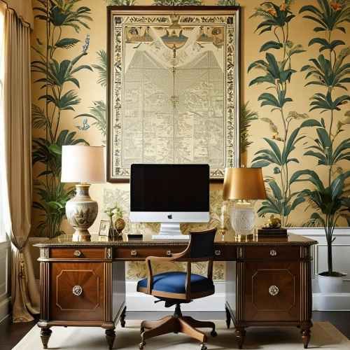 gournay,wallcovering,wallcoverings,wallpapered,moroccan pattern,botanical print,fromental,yellow wallpaper,wallpapering,damask background,decoratifs,danish room,writing desk,interior decor,pineapple pattern,ornate room,marquetry,sitting room,intensely green hornbeam wallpaper,toile,Photography,General,Realistic
