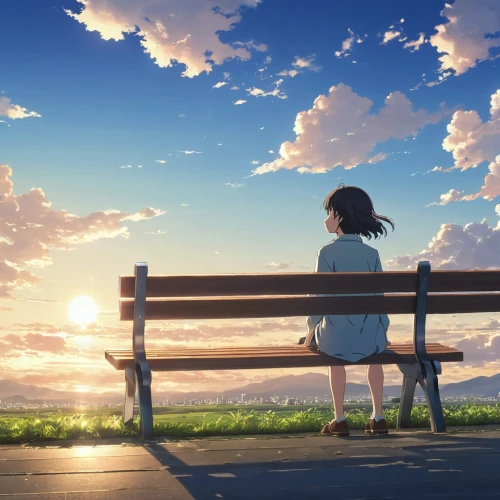 hosoda,bench,euphonious,summer sky,reminiscence,park bench,cloudstreet,euphonium,longing,girl and boy outdoor,atmosphere,summer evening,summer day,clannad,wooden bench,the horizon,ghibli,bluesky,kumiko,loneliness,Photography,General,Realistic