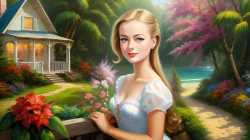 girl in the garden,splendor of flowers,girl in flowers,rosalinda,flower background,fantasy picture,photo painting,romantic portrait,landscape background,secret garden of venus,gardenia,romantic look,beautiful girl with flowers,flower painting,art painting,fairy tale character,flower shop,habanera,springtime background,rosebushes