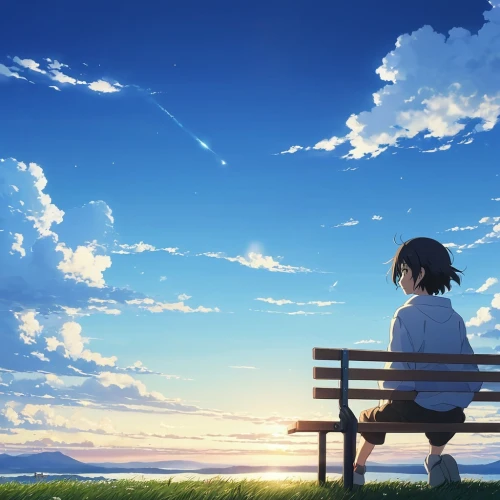 bench,man on a bench,summer sky,euphonious,the horizon,park bench,loneliness,bluesky,lone,hosoda,longing,world end,alone,lonliness,distant,quietude,peaceful,sitting,reminiscence,blue sky,Photography,General,Realistic