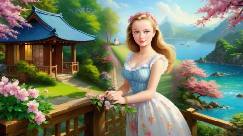 fantasy picture,landscape background,spring background,springtime background,fairy tale character,children's background,nature background,forest background,world digital painting,background view nature,girl in flowers,cute cartoon image,girl in the garden,fairyland,creative background,portrait background,photo painting,dorthy,galadriel,romantic scene