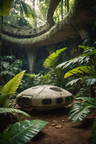 yavin,planted car,abandoned car,endor,jungles,dagobah,old abandoned car,biomimicry,understory,dusautoir,speeder,rain forest,futuristic car,jungled,prehistoric,bonestell,uncharted,alien world,jungly,tropical forest,Photography,General,Cinematic