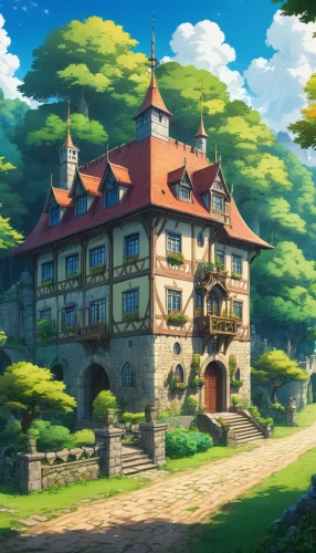 ghibli,studio ghibli,highstein,fairy tale castle,sylvania,country estate,knight village,knight's castle,forest house,butka,house in the forest,dreamhouse,auberge,fairytale castle,meteora,violet evergarden,country house,house in the mountains,castlelike,gold castle,Illustration,Japanese style,Japanese Style 03