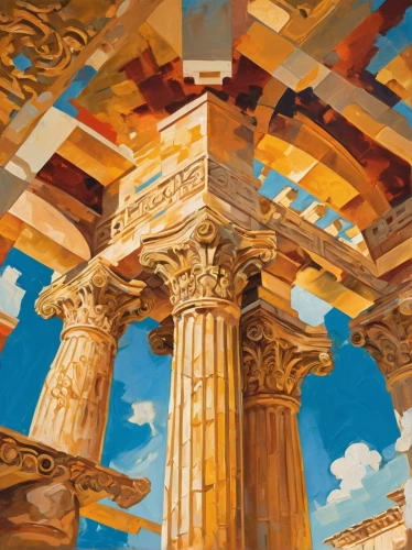 palace of knossos,knossos,colonnaded,pillars,minoans,doric columns,columns,roman columns,pillar capitals,dougga,colonnades,columnas,greek temple,church painting,guell,caltagirone,skylands,ephesus,celsus library,columned,Conceptual Art,Oil color,Oil Color 20