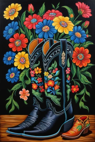 david bates,gumboot,cowboy boots,bootmaker,nicholas boots,rubber boots,bootblack,women's boots,flowers in wheel barrel,walking boots,flower painting,steel-toed boots,flowers in basket,bootmakers,oil painting on canvas,garden shoe,floral chair,retro flowers,trample boot,flower cart,Illustration,Abstract Fantasy,Abstract Fantasy 12