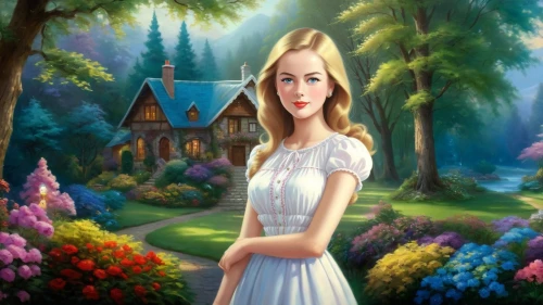 girl in the garden,galadriel,fantasy picture,dorthy,world digital painting,girl with tree,fairy tale character,landscape background,behenna,girl in flowers,photo painting,the girl in nightie,fantasy portrait,fantasy art,girl in a long,ellinor,leighton,girl in a long dress,springtime background,housemaid