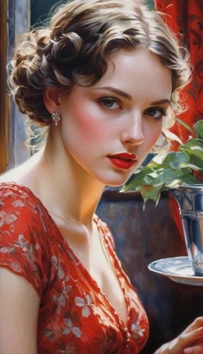 glass painting,woman drinking coffee,perfumer,oil painting,girl with cereal bowl,woman at cafe,photorealist,oil painting on canvas,red carnation,meticulous painting,art painting,perfuming,perfumery,maraschino,red tablecloth,perfumers,woman eating apple,photo painting,italian painter,red magnolia,Conceptual Art,Daily,Daily 32
