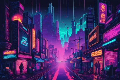 cyberpunk,cybercity,cityscape,colorful city,fantasy city,bladerunner,cyberscene,neon arrows,metropolis,cybertown,synth,80's design,tokyo city,cyberworld,polara,neon,ultraviolet,vapor,shinjuku,digitalism,Unique,Pixel,Pixel 04