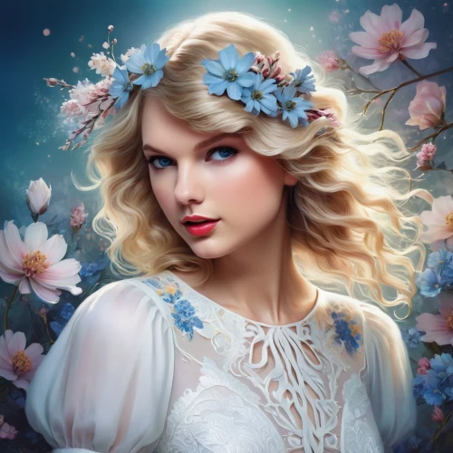 swiftlet,fairy queen,flower background,portrait background,edit icon,floral background,spring background,enchanting,white rose snow queen,porcelain doll,springtime background,jessamine,flower fairy,fantasy portrait,beautiful girl with flowers,galadriel,hydrangea background,gardenias,fantasy picture,fairy tale character,Illustration,Realistic Fantasy,Realistic Fantasy 15