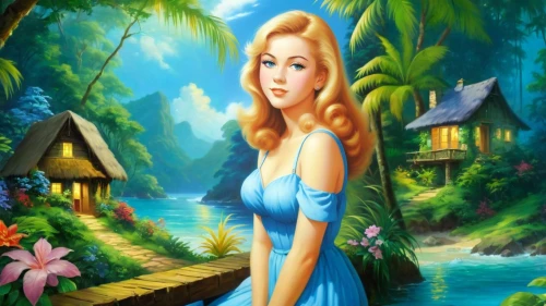 the blonde in the river,landscape background,nature background,fantasy picture,fairy tale character,mermaid background,forest background,connie stevens - female,background view nature,cartoon video game background,background image,girl on the river,ninfa,digital background,glinda,children's background,spring background,dorthy,amazonica,love background