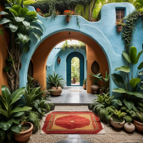 entryway,courtyards,hacienda,archways,earthship,tunnel of plants,entryways,rosicrucian,the threshold of the house,entry path,doorways,garden door,cabana,house entrance,tlaquepaque,patio,floor fountain,arches,alcove,entranceway,Photography,General,Cinematic