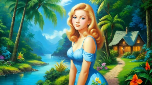 the blonde in the river,fairy tale character,connie stevens - female,thumbelina,hawaiiana,shakuntala,girl on the river,dorthy,landscape background,tretchikoff,garden of eden,khokhloma painting,madhumati,kovalam,fairyland,background image,art painting,girl with tree,tinkerbell,florante