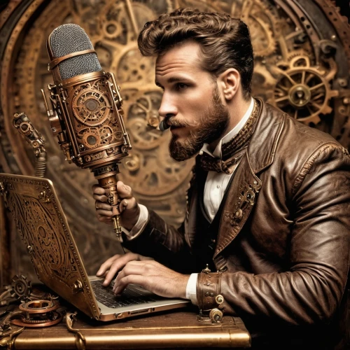 the gramophone,the phonograph,phonograph,radiotelegraph,gramophone,steampunk,gramaphone,stenographer,victrola,gramophone record,microphone,antique background,telegrapher,man with a computer,watchmaker,vintage telephone,horologist,antiquorum,graphophone,grandiloquence,Illustration,Realistic Fantasy,Realistic Fantasy 13