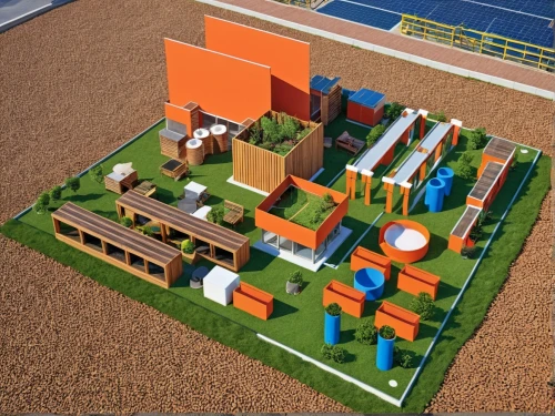 school design,3d rendering,voxel,sketchup,solar cell base,shipping containers,ecovillages,sewage treatment plant,animal containment facility,voxels,industrial fair,playset,residencial,habitaciones,cargo containers,cohousing,shipping container,farm yard,playhouses,construction set,Photography,General,Realistic