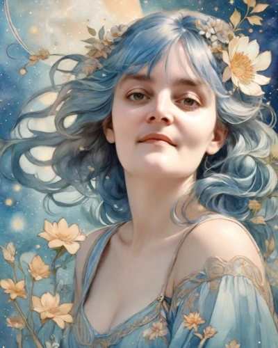 fairie,fantasy portrait,margairaz,faerie,fae,valerian,sokurov,varda,margaery,faery,behenna,diwata,flower fairy,galadriel,fairy queen,delenn,blue enchantress,azzurra,mystical portrait of a girl,blue moon rose,Digital Art,Watercolor