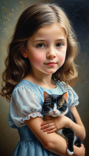 oil painting,oil painting on canvas,gekas,kisling,calico cat,young girl,girl portrait,girl with cereal bowl,cat with blue eyes,art painting,photorealist,children's background,mystical portrait of a girl,photo painting,pittura,romantic portrait,pintura,girl with dog,painter doll,girl with cloth,Illustration,Realistic Fantasy,Realistic Fantasy 26