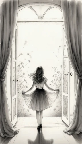 little girl in wind,open door,treacherous,window to the world,the little girl's room,agoraphobic,glimpsing,threshold,ghost girl,looking glass,agoraphobia,isoline,the little girl,the threshold of the house,window pane,girl walking away,dandelion hall,curtains,book illustration,in the door,Illustration,Black and White,Black and White 30