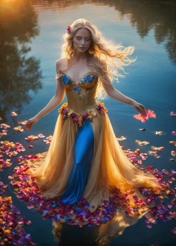 fantasy picture,celtic woman,faerie,margairaz,fantasy woman,fantasia,galadriel,fairy queen,belle,flower fairy,rosa 'the fairy,rapunzel,enchanting,faery,the blonde in the river,fairy tale character,cinderella,thumbelina,golden autumn,ophelia,Illustration,Realistic Fantasy,Realistic Fantasy 02