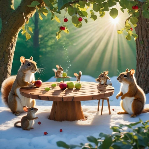 squirrels,woodland animals,squirell,acorns,garden breakfast,breakfast table,chipmunks,redwall,breakfast outside,garden dinner,fox stacked animals,children's background,whimsical animals,conkers,family picnic,gooseberry family,picnic,sweet table,squirreling,forest animals,Photography,Artistic Photography,Artistic Photography 03