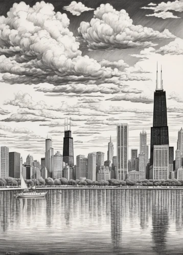 chicago skyline,chicagoland,chicago,chicagoan,black city,motorcity,skyline,city skyline,skylines,detriot,city scape,megacities,lakefront,cityscapes,illinoian,the city,sears tower,tall buildings,bucktown,cleveland,Illustration,Black and White,Black and White 30