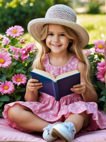 little girl reading,little girl in pink dress,bookmark with flowers,llibre,is reading,girl wearing hat,read a book,lectura,child's diary,reading,relaxed young girl,bibliophile,relaxing reading,children's background,readership,girl studying,bookworm,readers,nonreaders,storybooks,Photography,General,Realistic