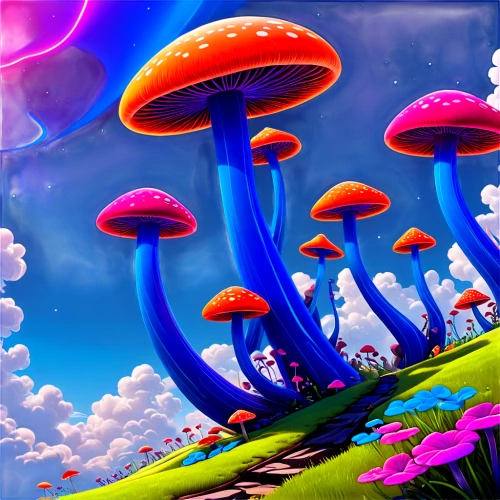 mushroom landscape,mushroom island,shrooms,toadstools,mushrooms,cartoon forest,psilocybin,cartoon video game background,fairy world,fairy forest,agarics,psilocybe,forest mushrooms,psychedelic,conocybe,cubensis,blue mushroom,candyland,psychedelics,funguses,Illustration,Japanese style,Japanese Style 07