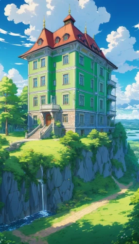 butka,studio ghibli,ghibli,dreamhouse,shinbo,cliffside,hosoda,machico,nouaimi,house by the water,landscape background,hisaishi,background design,sinnoh,maplestory,seaside resort,alfheim,hoenn,nordbaden,symphonia,Illustration,Japanese style,Japanese Style 03