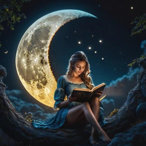 fantasy picture,storybook,little girl reading,magic book,reading owl,lectura,moonlit night,sogni,storybooks,read a book,book wallpaper,bookworm,fairytales,reading,spellbook,fairy tale,llibre,moonbeams,a fairy tale,moon and star background,Photography,General,Fantasy