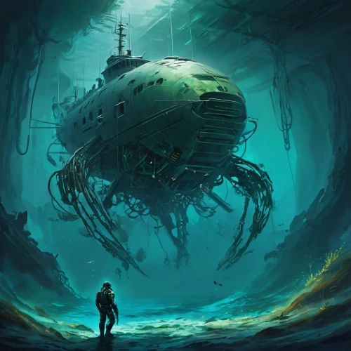 bathysphere,submersibles,nautilus,submersible,gravemind,the wreck of the ship,barotrauma,undersea,sunken ship,the bottom of the sea,sci fiction illustration,sunken boat,deep sea,diving bell,deep sea nautilus,shipwreck,aquanauts,bathyscaphe,deep sea diving,aquanaut,Conceptual Art,Fantasy,Fantasy 02
