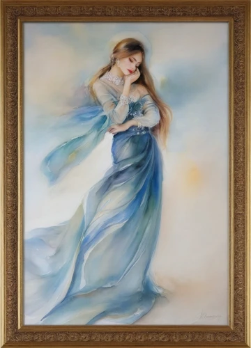watercolor frame,the angel with the veronica veil,art nouveau frame,watercolour frame,art deco frame,watercolor women accessory,blue leaf frame,azzurro,godward,principessa,ariadne,girl in a long dress,mikimoto,photo painting,amphitrite,azzurra,celtic woman,scheffer,oil painting on canvas,renoirs,Illustration,Paper based,Paper Based 11