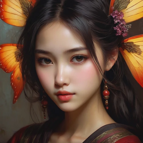 geisha girl,oriental girl,oriental princess,flower fairy,geisha,oriental painting,xueying,faerie,fantasy portrait,faery,zuoying,hanbok,yanzhao,mystical portrait of a girl,jianxing,oriental,jinling,red butterfly,fairy tale character,goryeo,Conceptual Art,Oil color,Oil Color 11