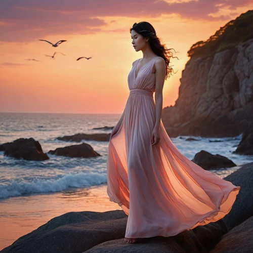 girl in a long dress,evening dress,celtic woman,passion photography,caftan,enchantment,nightdress,gracefulness,romantic portrait,sirene,ariadne,amphitrite,eveningwear,enchanting,girl in a long dress from the back,woman silhouette,romantic look,aphrodite,beren,bergersen,Photography,General,Realistic