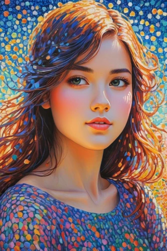mystical portrait of a girl,colored pencil background,art painting,seni,oil painting on canvas,girl portrait,colorful background,portrait background,world digital painting,photo painting,digiart,young woman,painting technique,oil painting,portrait of a girl,fantasy portrait,girl making selfie,effect pop art,digital art,young girl,Conceptual Art,Daily,Daily 31