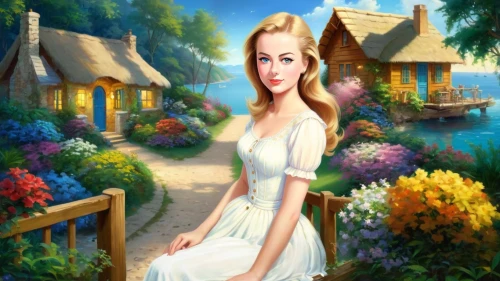 girl in the garden,fairy tale character,fantasy picture,landscape background,photo painting,springtime background,innkeeper,eilonwy,jessamine,blossman,countrywoman,dorthy,forest background,portrait background,housemaid,storybook character,spring background,fairyland,fairy village,world digital painting