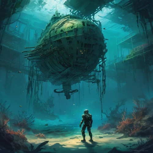 bathysphere,gravemind,underwater background,underwater landscape,undersea,sunken ship,marimo,submersibles,submerged,submersible,diving helmet,underwater playground,nautilus,aquanauts,ship wreck,bioshock,diving bell,the wreck of the ship,under the water,airships,Conceptual Art,Fantasy,Fantasy 02