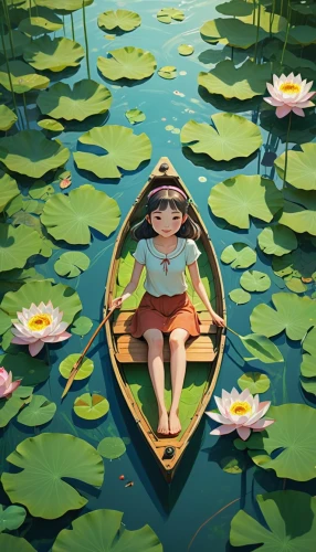 lily pad,lilly pond,water lotus,lotus on pond,canoeing,canoed,lily pads,paper boat,girl on the boat,pedalo,water lily,white water lilies,rowing dolle,waterlily,canoer,lily pond,water lilies,water lilly,waterlilies,giant water lily,Illustration,Realistic Fantasy,Realistic Fantasy 12