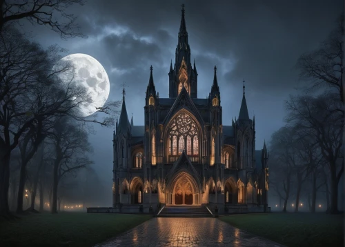 haunted cathedral,gothic church,gothic style,gothic,dark gothic mood,neogothic,cathedrals,moonlit night,ravenloft,nidaros cathedral,black church,the black church,cathedral,moonsorrow,ghost castle,moonlit,gothicus,gothic woman,fairy tale castle,holy place,Illustration,Retro,Retro 08