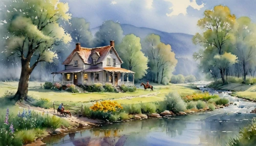 summer cottage,home landscape,house with lake,cottage,watercolor,watercolor background,watercolor painting,house in the forest,watercolorist,country cottage,fisherman's house,house in mountains,house by the water,house painting,lonely house,little house,house in the mountains,water mill,farm house,landscape background,Conceptual Art,Oil color,Oil Color 03