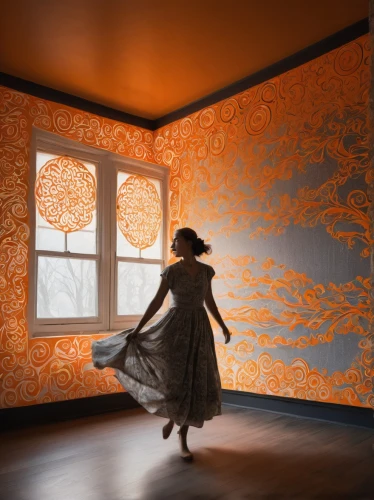 ballroom dance silhouette,damask background,orange blossom,gournay,onegin,damask,dance silhouette,wallcoverings,drawing with light,miniaturist,silhouette dancer,flamenco,wall painting,dance with canvases,yellow wallpaper,fromental,harlequinade,coppelia,toile,orange floral paper,Illustration,Vector,Vector 12