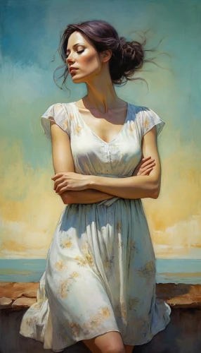heatherley,girl in a long dress,girl in a long,jeanneney,girl in cloth,girl with cloth,woman thinking,young woman,nightdress,champney,donsky,windblown,the sea maid,mystical portrait of a girl,ariadne,maidservant,christakis,figurehead,the girl in nightie,sappho,Illustration,Paper based,Paper Based 18