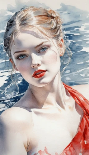 the blonde in the river,girl on the river,photo painting,water colors,watercolor painting,watercolor women accessory,aquarelle,ondine,watercolor pin up,water color,watercolorist,in water,naiad,the sea maid,watercolor pencils,watercolor background,swimfan,swimmer,girl on the boat,bather,Illustration,Black and White,Black and White 30