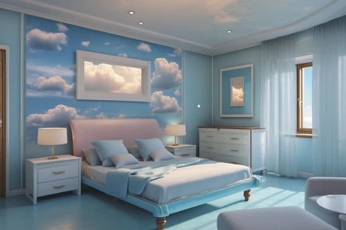 sky apartment,baby room,children's bedroom,sleeping room,boy's room picture,kids room,room newborn,the little girl's room,nursery decoration,bedroom,modern room,great room,blue room,chambre,bedrooms,cloudmont,guest room,children's room,3d rendering,sky space concept,Photography,General,Realistic