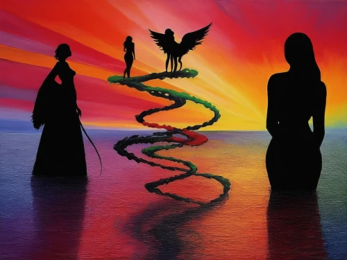 qabalah,women silhouettes,priestesses,mediumship,sorceresses,mythography,fantasy picture,mythographers,woman silhouette,mermaid silhouette,eurythmy,mythologically,handfasting,shamanism,silhouette art,rhinemaidens,transmigration,divine healing energy,couple silhouette,archangels,Illustration,Abstract Fantasy,Abstract Fantasy 01