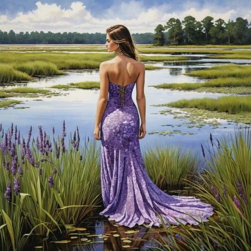 girl on the river,girl in a long dress,girl in a long dress from the back,purple landscape,water nymph,fantasy picture,serene,mermaid background,world digital painting,the blonde in the river,landscape background,lavender fields,donsky,fantasy art,lavender field,idyllic,marshlands,wetland,kupala,caiera,Photography,General,Realistic