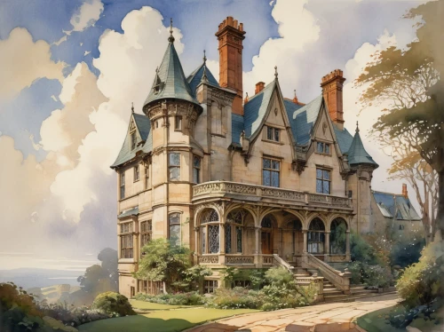 fairy tale castle,fairytale castle,victorian house,maplecroft,witch's house,victorian,castle of the corvin,dreamhouse,briarcliff,castlelike,gold castle,ghost castle,old victorian,victoriana,magic castle,greystone,haunted castle,forest house,sylvania,castle,Illustration,Paper based,Paper Based 23