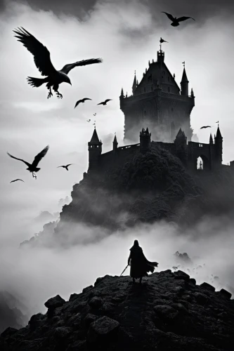 fantasy picture,ravenloft,castle of the corvin,halloween background,hogwarts,haunted castle,ghost castle,orthanc,diagon,halloween wallpaper,darkling,halloween silhouettes,castles,heroic fantasy,winterfell,nevermore,malefic,wights,azkaban,wizarding,Photography,Black and white photography,Black and White Photography 01