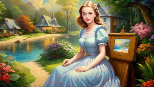 fantasy picture,dorthy,fairy tale character,cinderella,dorothy,girl in the garden,fantasy portrait,storybook character,belle,princess sofia,pocahontas,photo painting,nessarose,princess anna,housemaid,galadriel,principessa,world digital painting,thumbelina,girl in a long dress