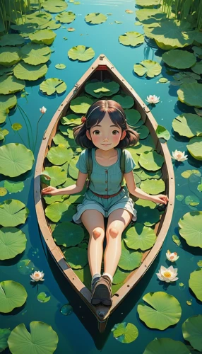 lily pad,lilly pond,pedalo,paper boat,lily pads,lotus on pond,lily pond,canoe,little boat,water lotus,girl on the boat,raft,perched on a log,bocchi,giant water lily,floating over lake,waterlily,canoeing,studio ghibli,water lily,Illustration,Realistic Fantasy,Realistic Fantasy 12