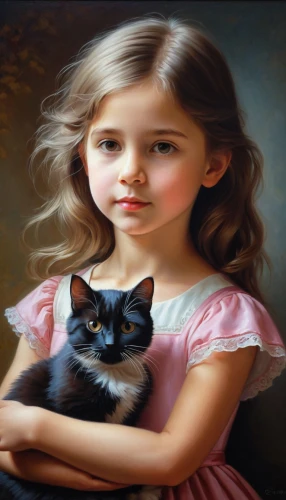 mystical portrait of a girl,oil painting,romantic portrait,children's background,girl with cereal bowl,little boy and girl,oil painting on canvas,gothic portrait,the little girl,young girl,kisling,art painting,cat with blue eyes,girl sitting,photo painting,cat lovers,photorealist,girl with dog,little girl,little girl in pink dress,Illustration,Realistic Fantasy,Realistic Fantasy 26